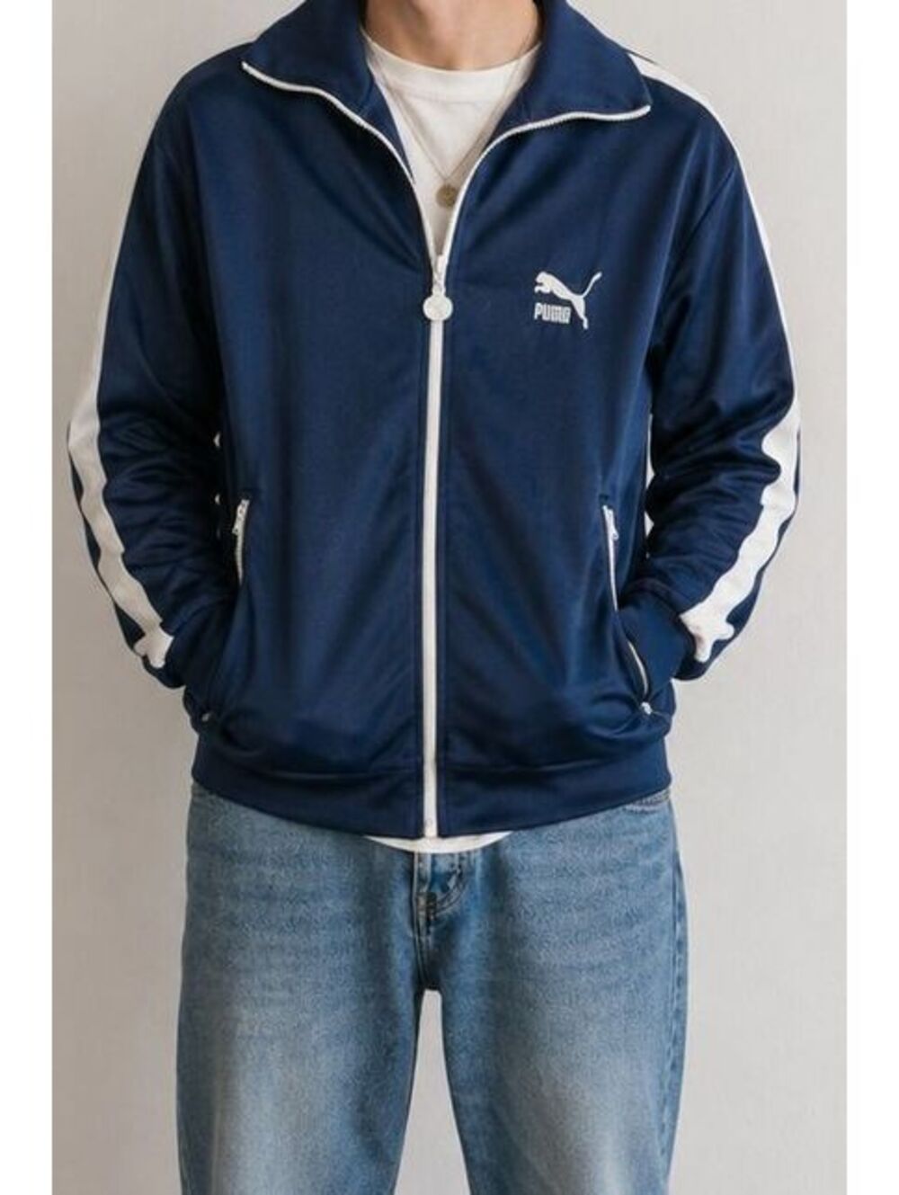 Vintage 80's PUMA Men's Track Jacket Navy Blue White Full Zip Acetate Size M